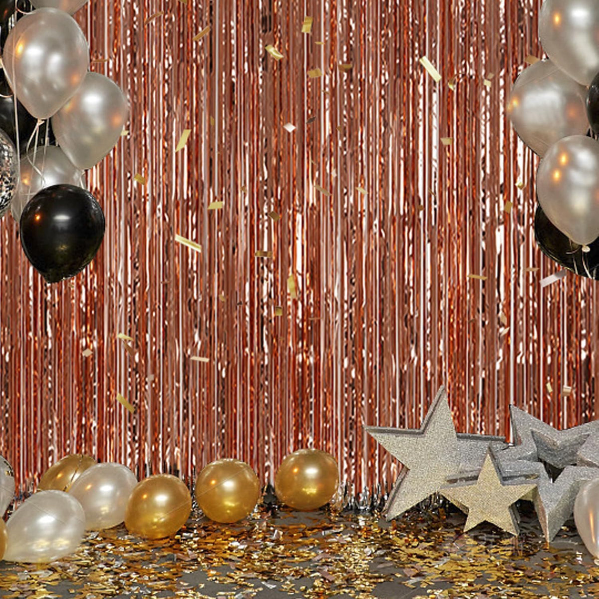3 Pack Foil Fringe Backdrop - Rose Gold Shiny Tinsel Curtains for Party Decoration/Photo Booth