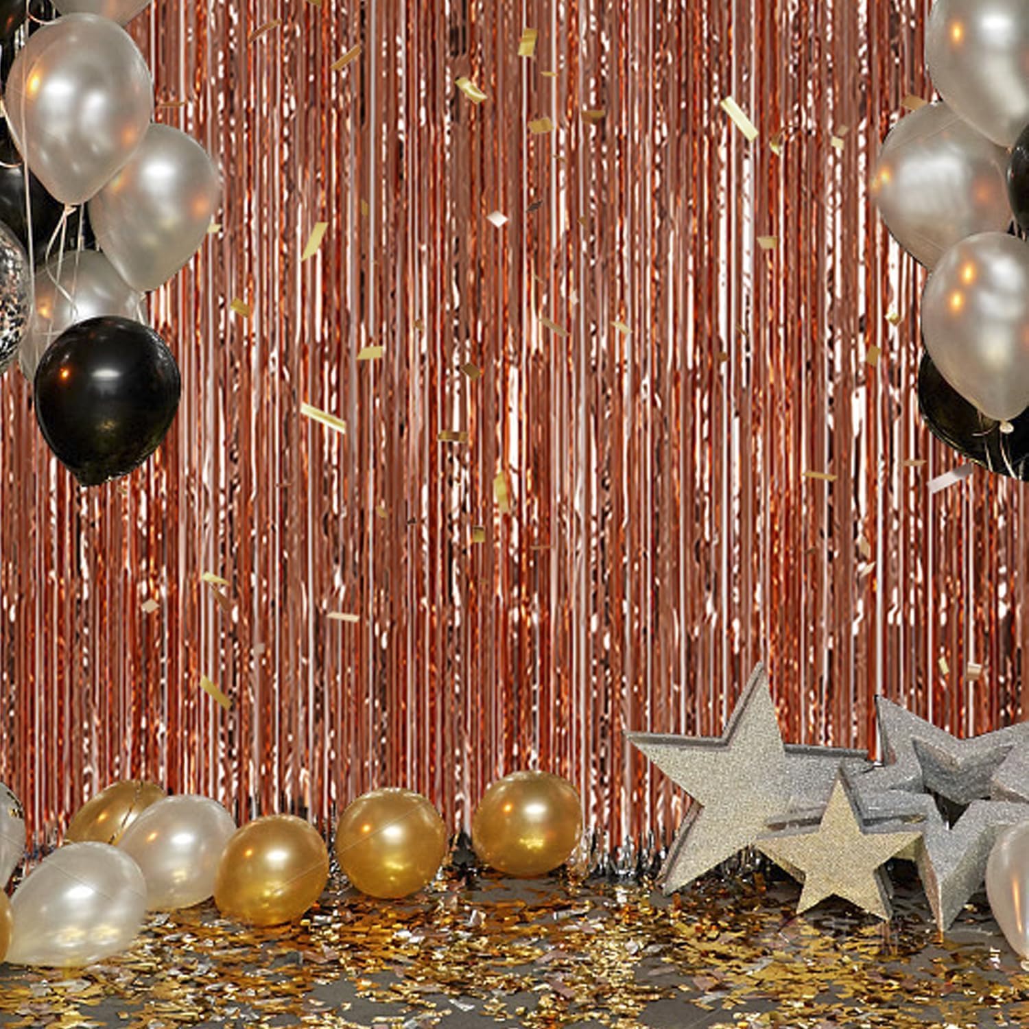 3 Pack Foil Fringe Backdrop - Rose Gold Shiny Tinsel Curtains for Party Decoration/Photo Booth