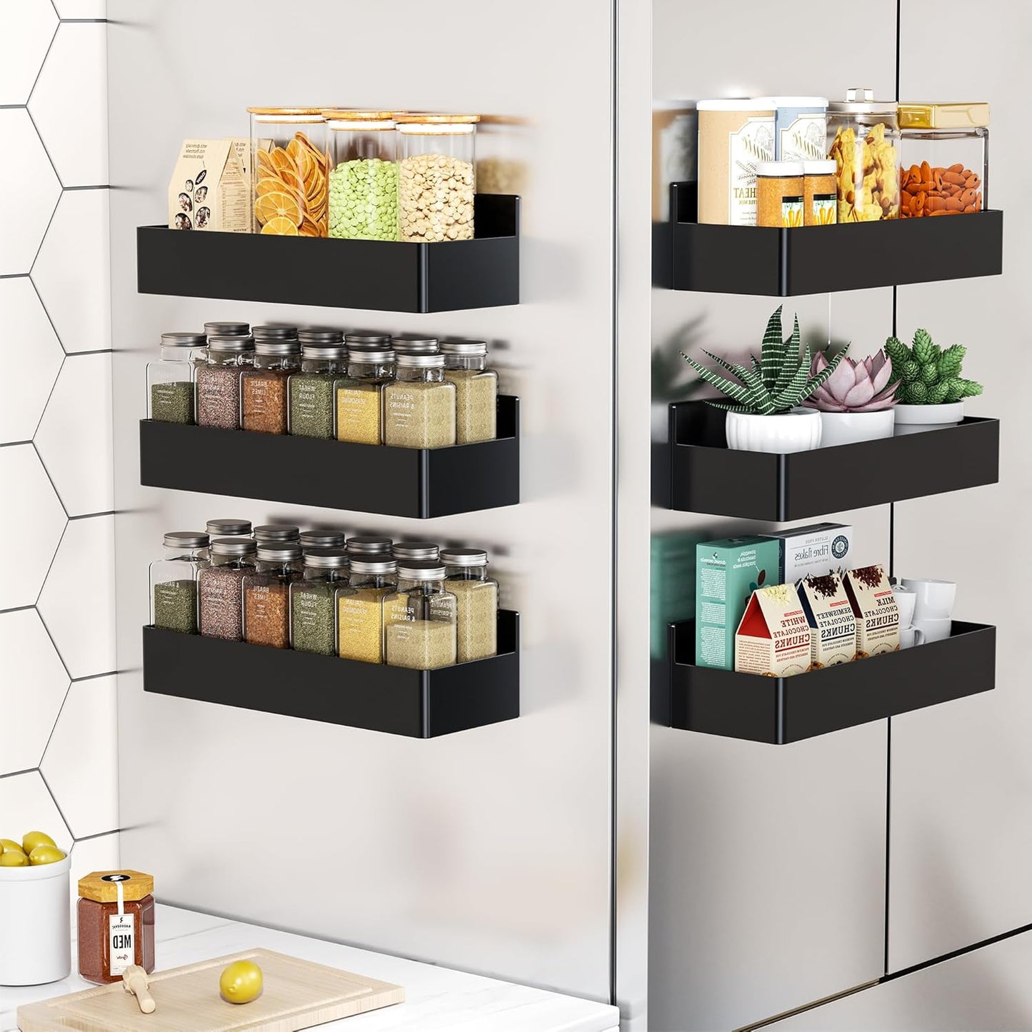 Magnetic Spice Rack for Refrigerator, Kitchen Organizer and Storage Shelf, Black (6 Pack)…
