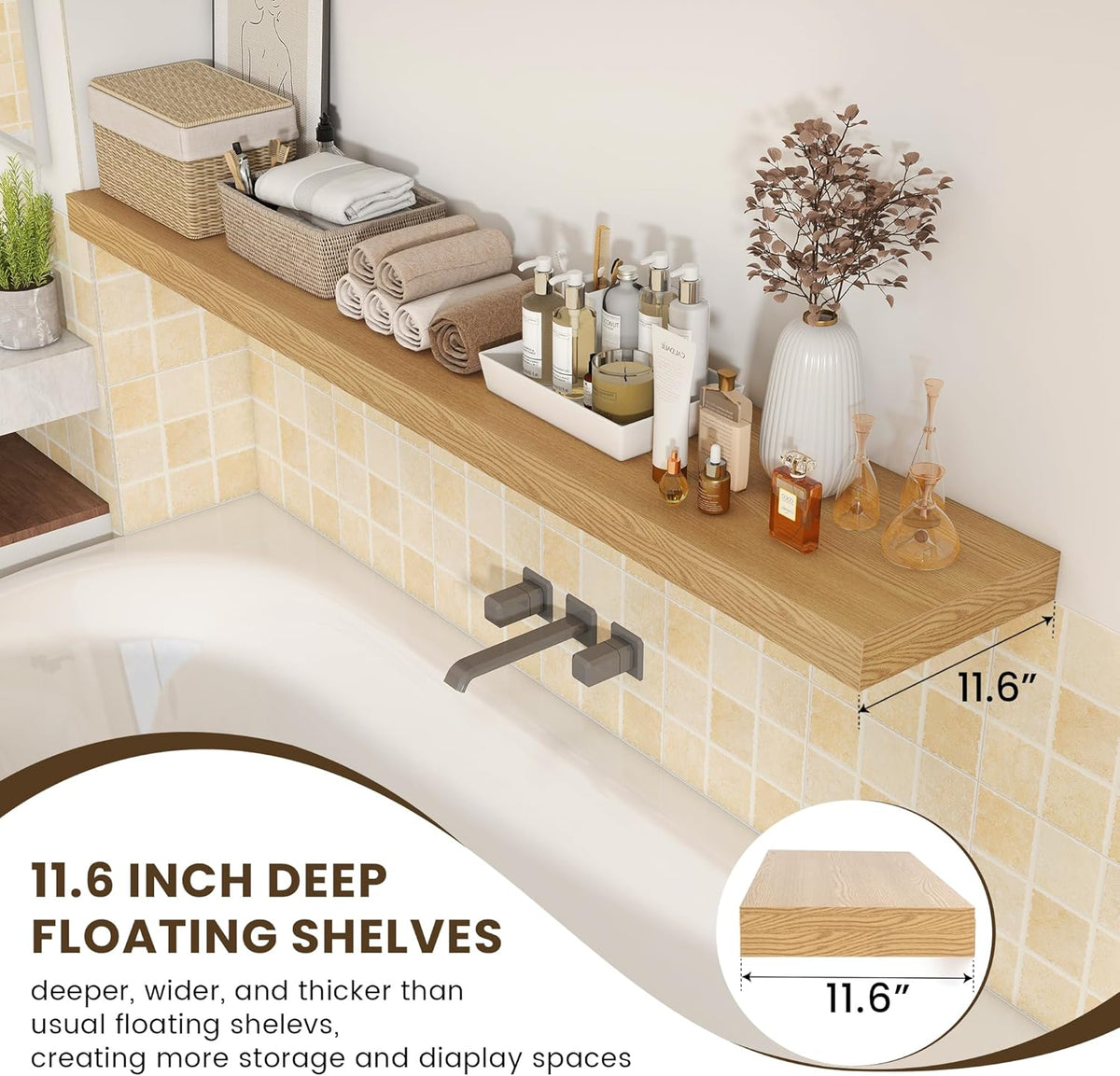 Deep Floating Shelves for Wall - 72 Inch Wide x 12 Inch Deep Wall Shelves Set of 1 - Rustic Oak