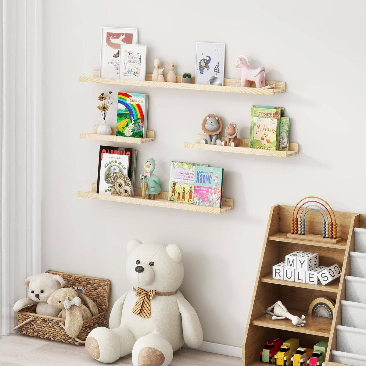 Picture Ledge Shelf for Wall, 36 inch Solid Pine Wood Nursery Book Shelves 2 Packs, Floating Ledge