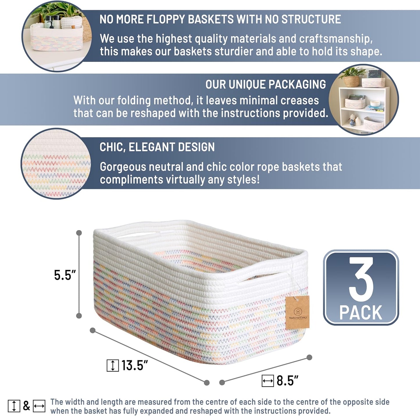 NaturalCozy 13.5”x8.5”x5.5” Rectangle Storage Baskets for Shelves 3 Pack | Cotton Rope Woven Small