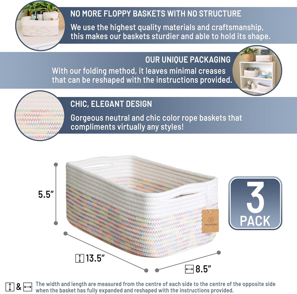 NaturalCozy 13.5”x8.5”x5.5” Rectangle Storage Baskets for Shelves 3 Pack | Cotton Rope Woven Small