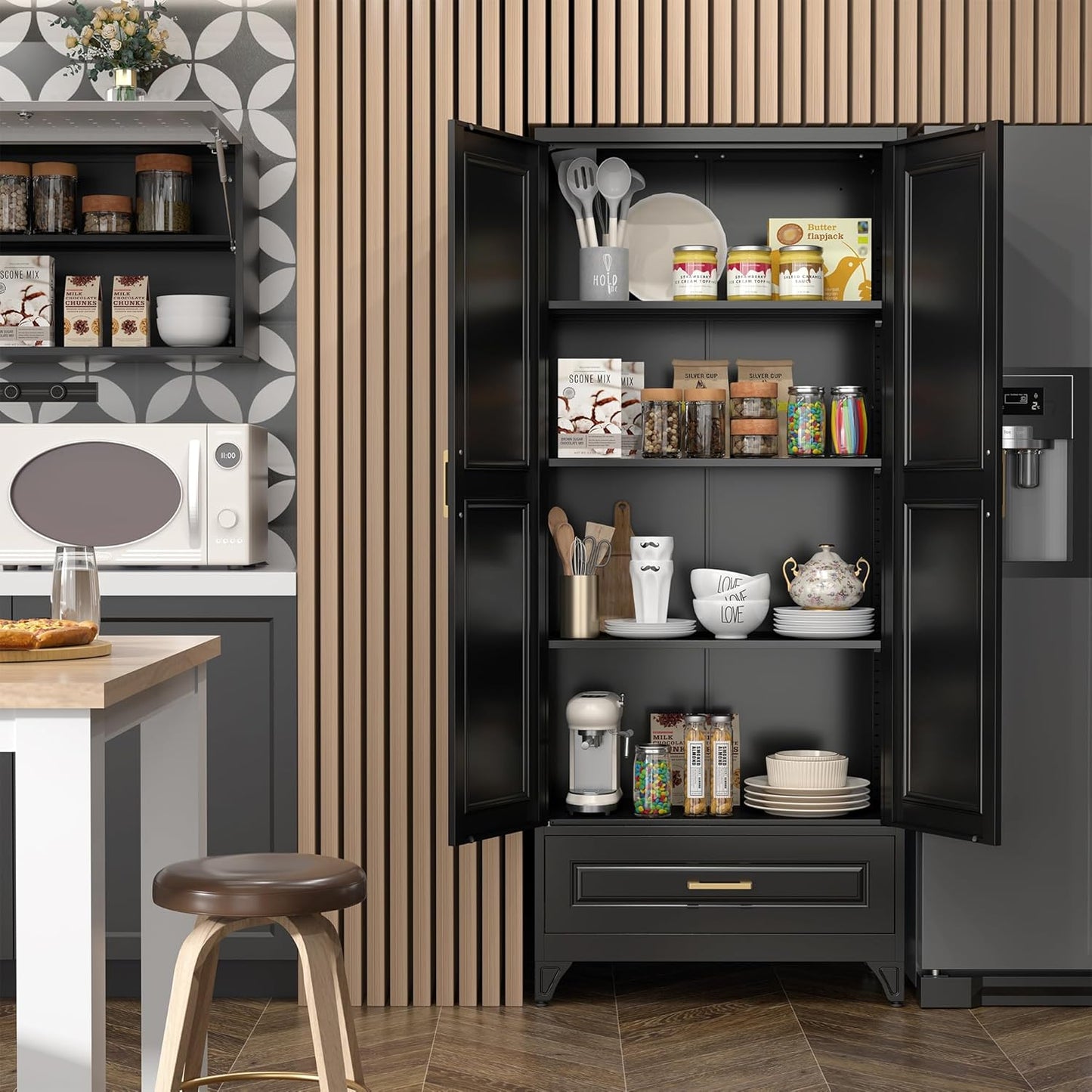 75" Kitchen Pantry Cabinet with Drawer, Metal Storage Cabinets with Doors and 4 Adjustable