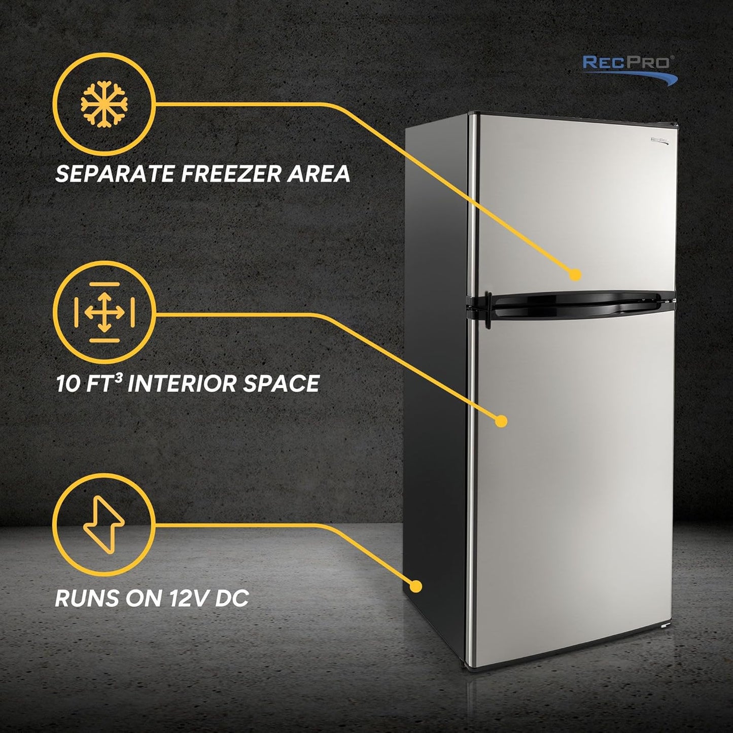 RecPro 10 Cu Ft 12V RV Refrigerator | Black Frost-Free Fridge with Freezer | Double Door