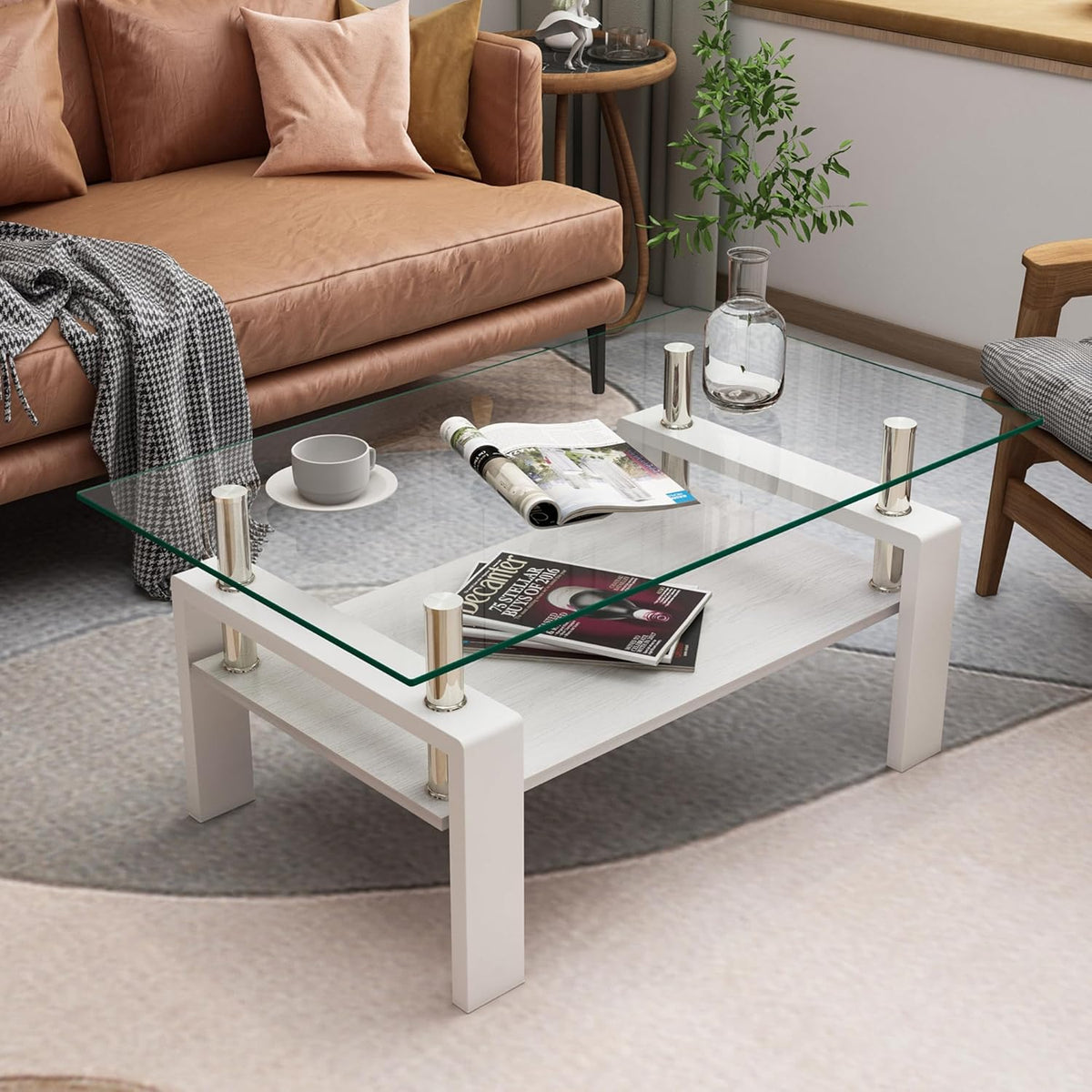 Glass Coffee Table Rectangle Living Room Center Table, with Transparent Tempered Glass Tabletop and