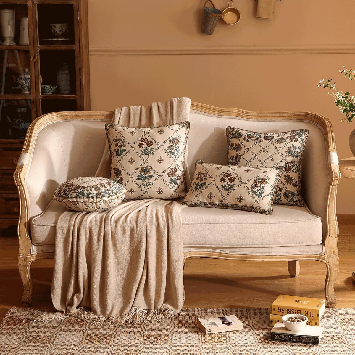 patdrea Designer Throw Pillow Covers Set of 4,Euro Vintage Light Brown Linen with Floral Collection