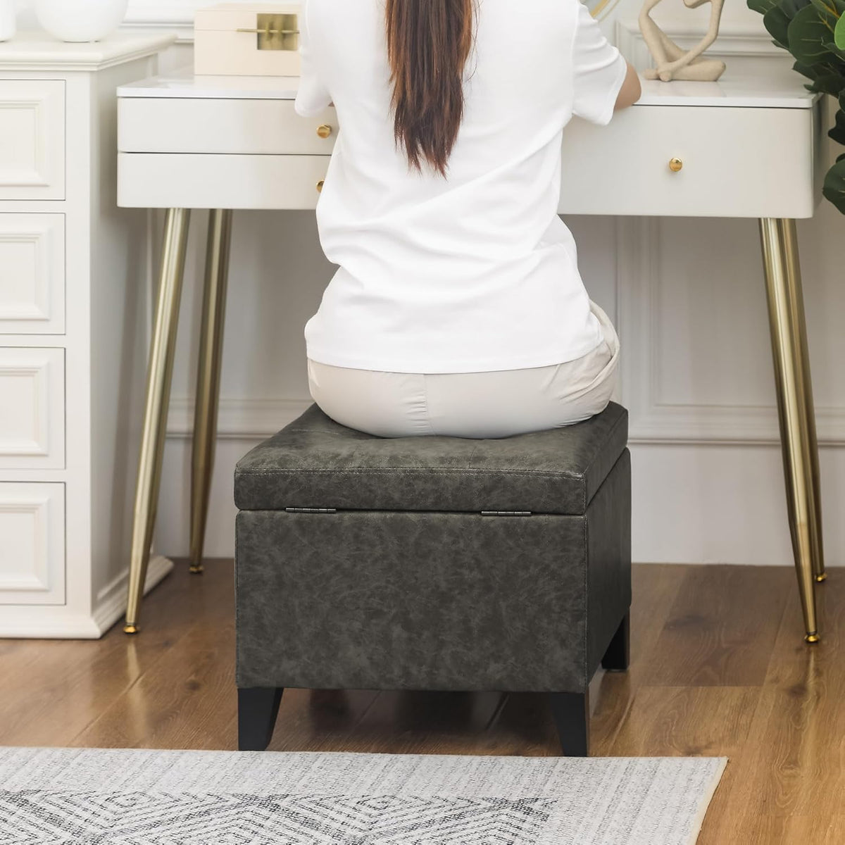 Adeco Faux Leather Storage Ottoman Bench with Wood Legs, 17.7" Square Mixed Grey PU Cube Foot