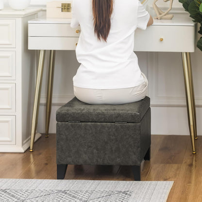 Adeco Faux Leather Storage Ottoman Bench with Wood Legs, 17.7" Square Mixed Grey PU Cube Foot