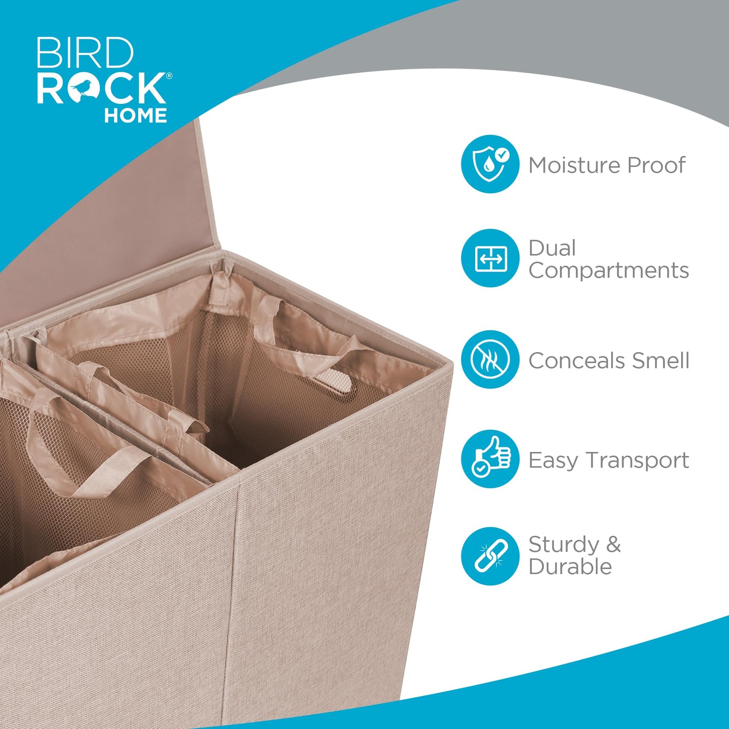 BirdRock Home Double Laundry Hamper with Lid and Removable Liners | Linen | Easily Transport