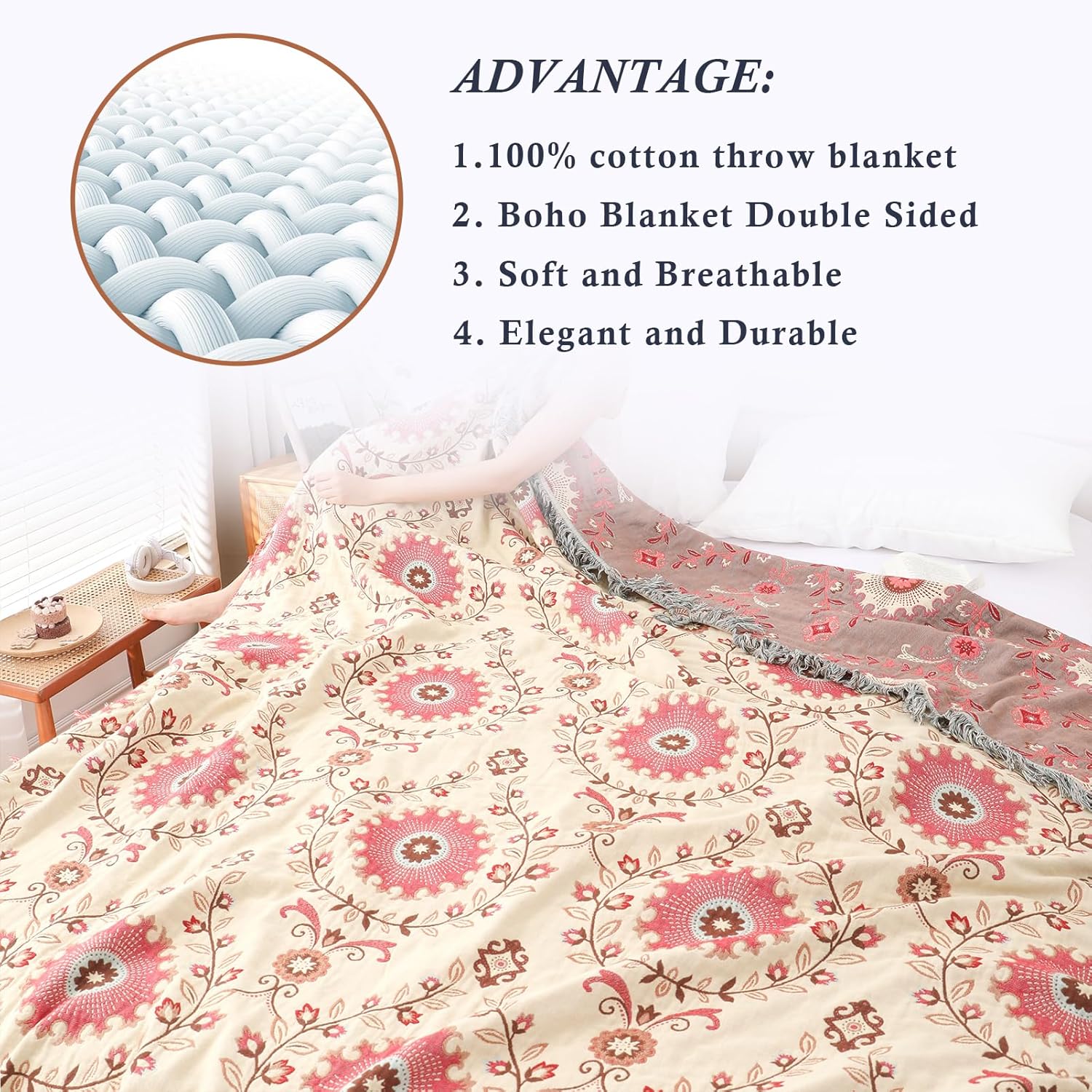 Snycler Boho Throw Blanket for Bed - 100% Cotton Ultra Soft Rustic Quilt - Pink Boho Floral Printed