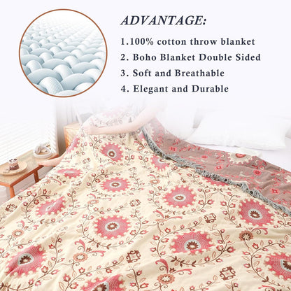 Snycler Boho Throw Blanket for Bed - 100% Cotton Ultra Soft Rustic Quilt - Pink Boho Floral Printed