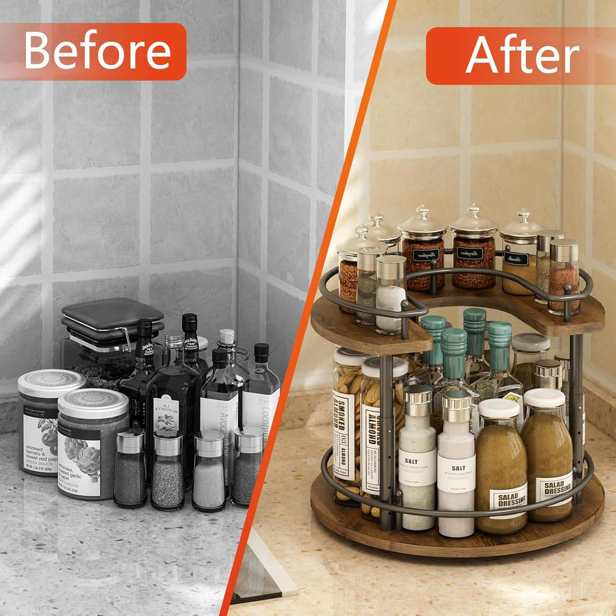 2 Tier Lazy Susan Organizer,2-Tier Spinning Spice Rack with Stable Carousel Base & 4 Height