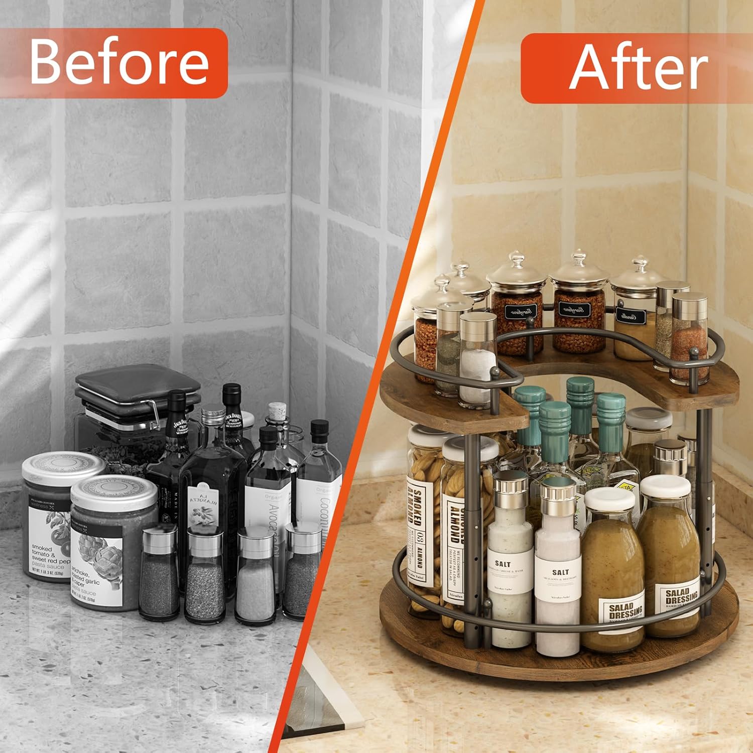 2 Tier Lazy Susan Organizer,2-Tier Spinning Spice Rack with Stable Carousel Base & 4 Height