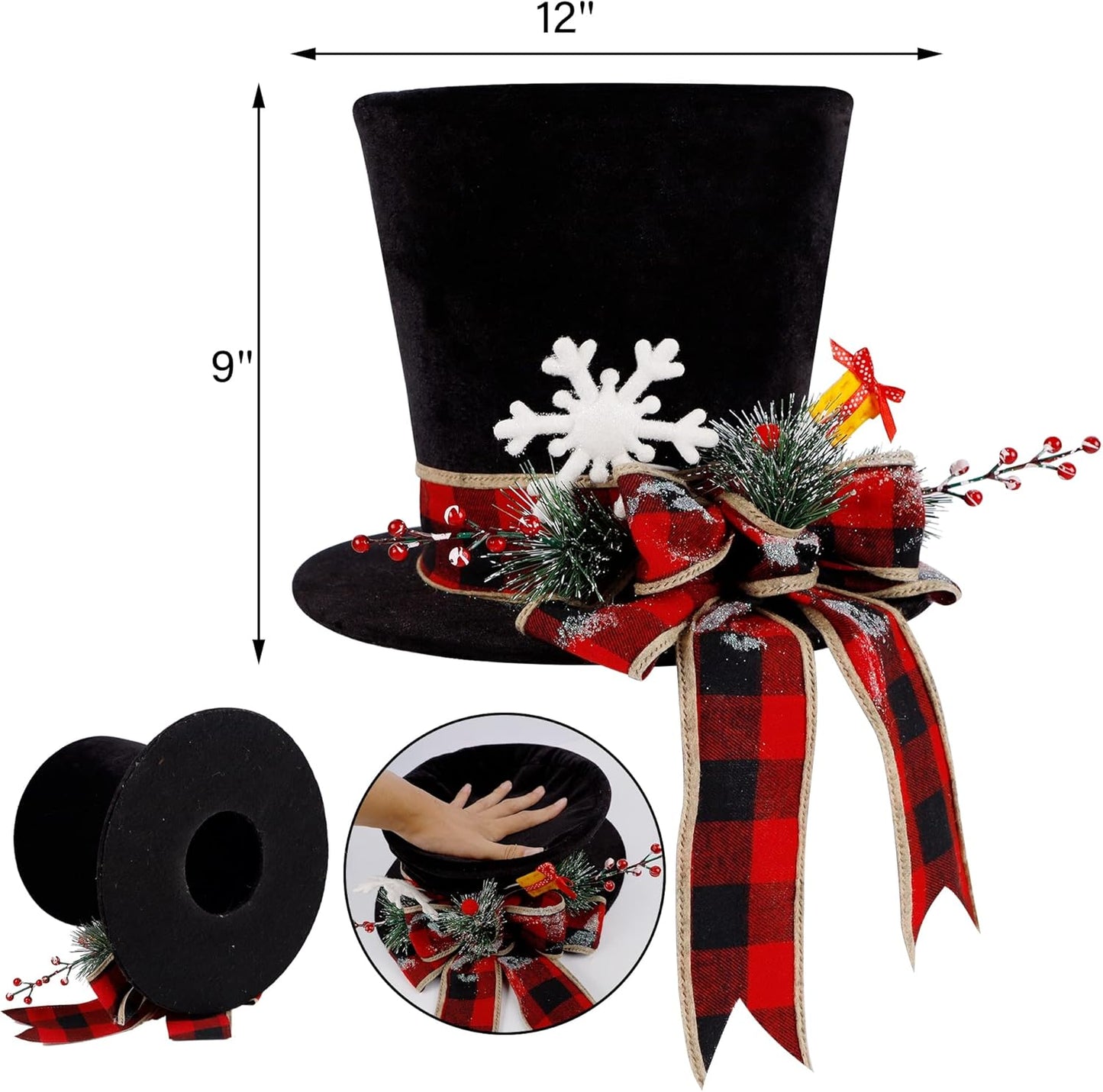 yofit Christmas Tree Topper Hat, Black Velvet Hat with Red Buffalo Plaid Bow Red Berry Snowflake