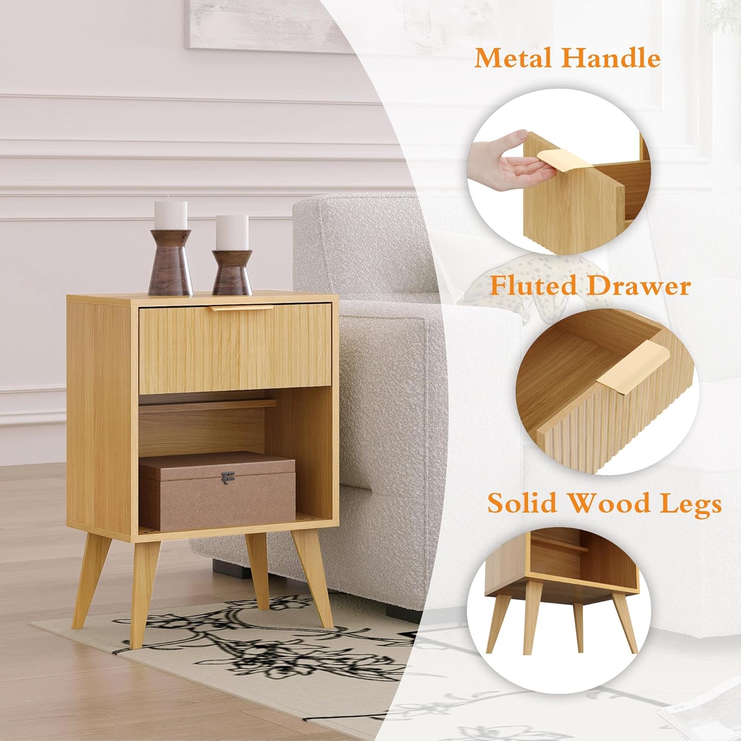 Fluted Night Stand with Opening Storage,Mid Century Bedside Table with Drawer,Wood Nightstand with