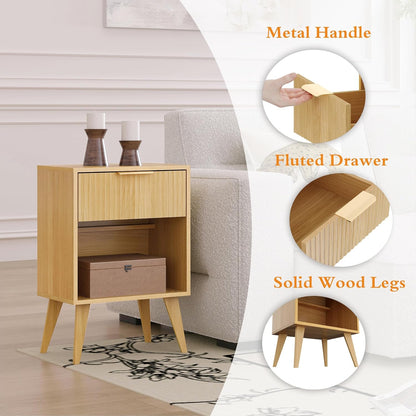 Fluted Night Stand with Opening Storage,Mid Century Bedside Table with Drawer,Wood Nightstand with