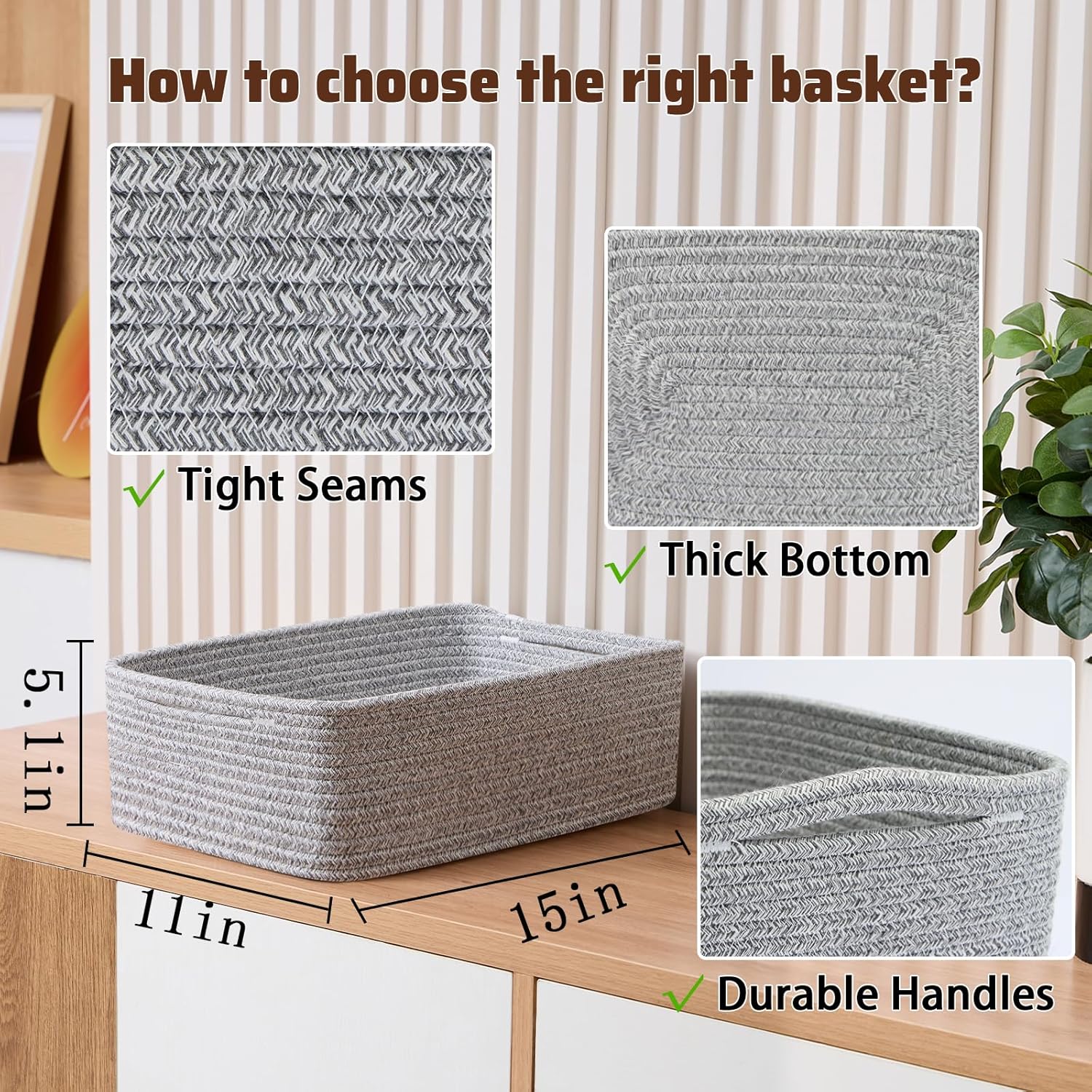 Large Shallow Organizing Baskets 15x11x5.1 Inches - Rope Woven Storage Bins for Bathroom, Shelves