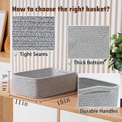 Large Shallow Organizing Baskets 15x11x5.1 Inches - Rope Woven Storage Bins for Bathroom, Shelves
