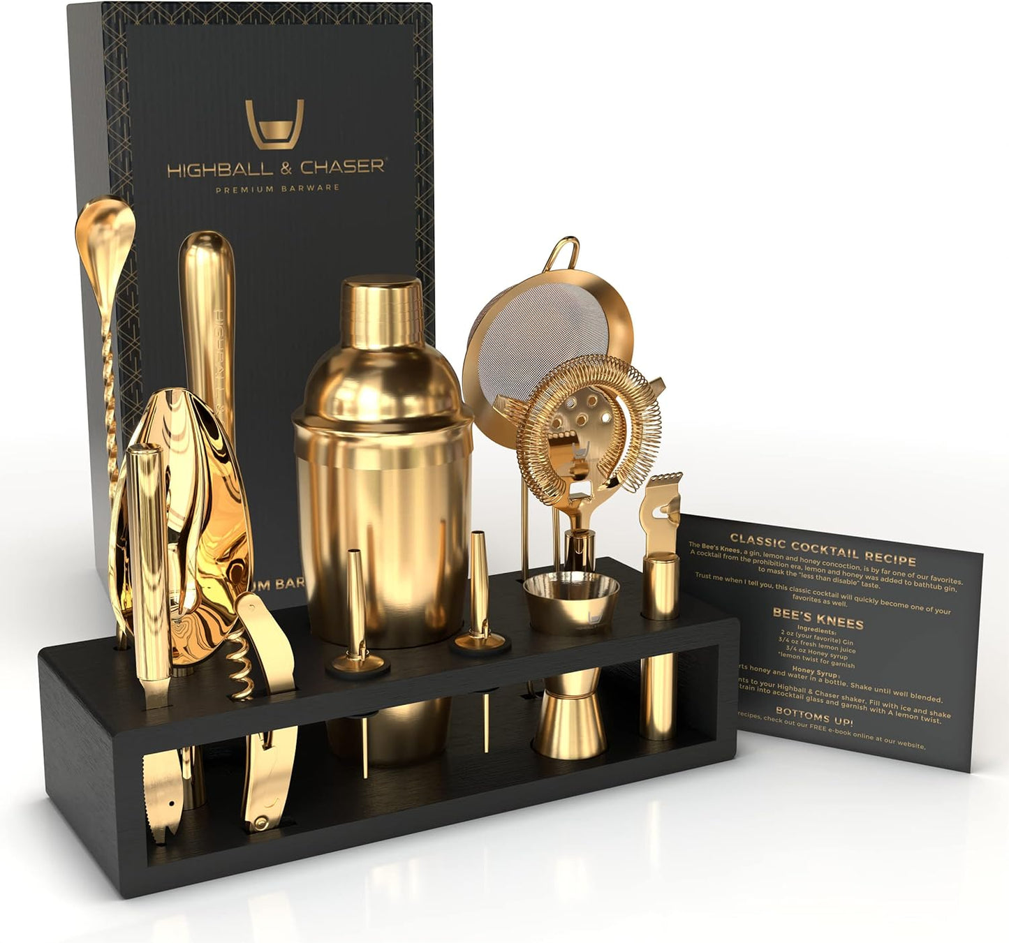 Highball & Chaser Bartender Kit with Espresso Bamboo Stand. Beautiful Cobbler Cocktail Shaker Set