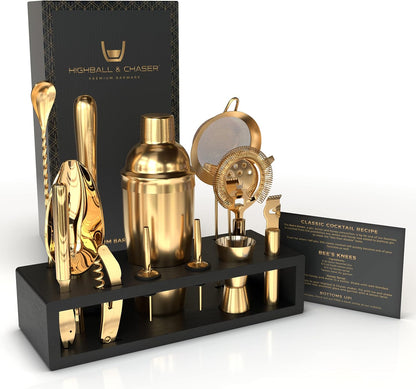 Highball & Chaser Bartender Kit with Espresso Bamboo Stand. Beautiful Cobbler Cocktail Shaker Set