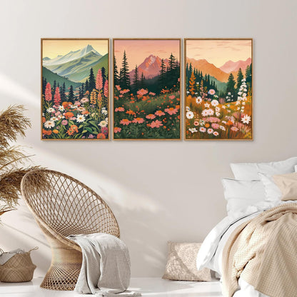 Tinonedraw Colorful Nature Flowers Framed Canvas Wall Art Set, Boho Blue Ridge Mountain Wall