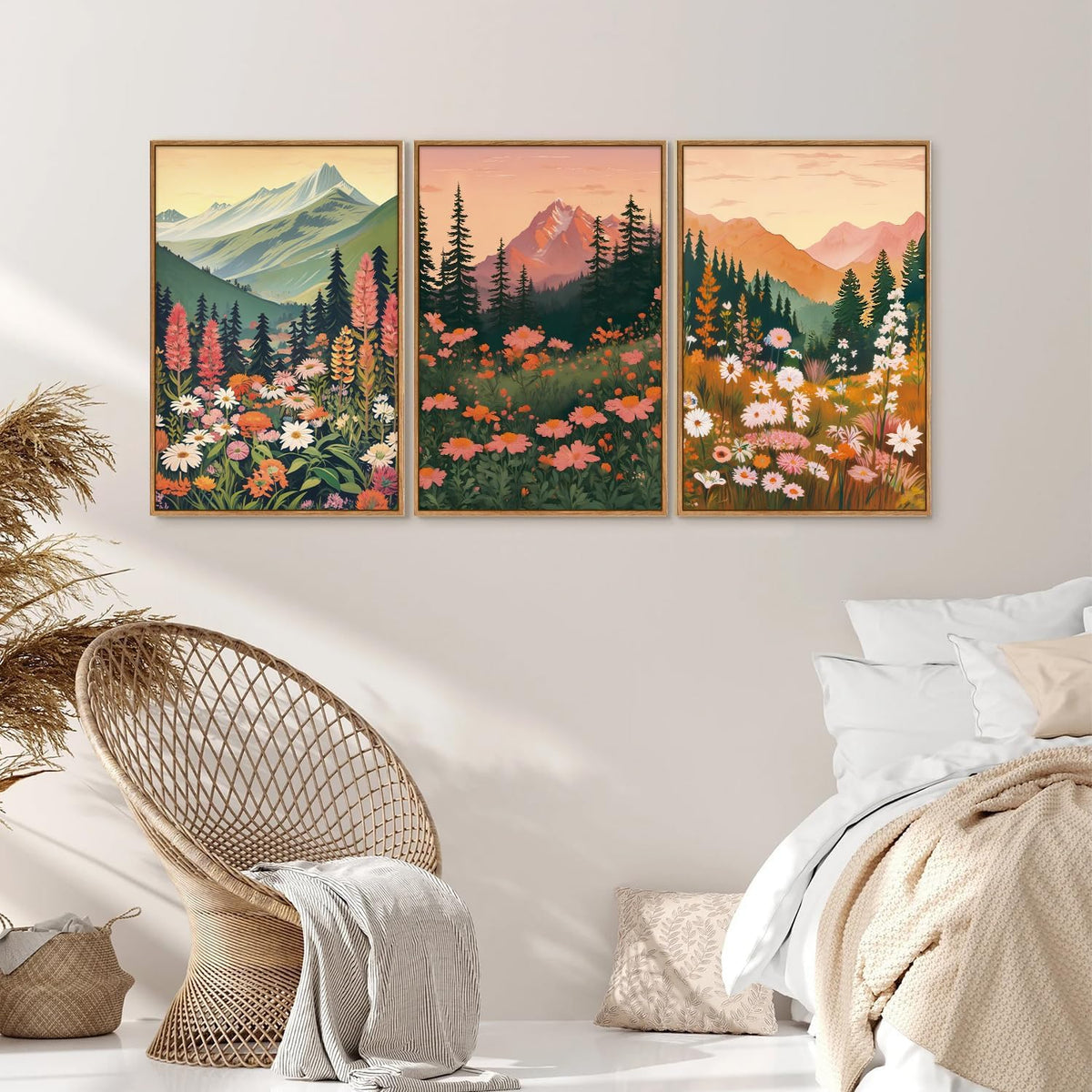 Tinonedraw Mountain Wildflower Framed Canvas Wall Art Set, Boho Mountains Landscape Wall Decor