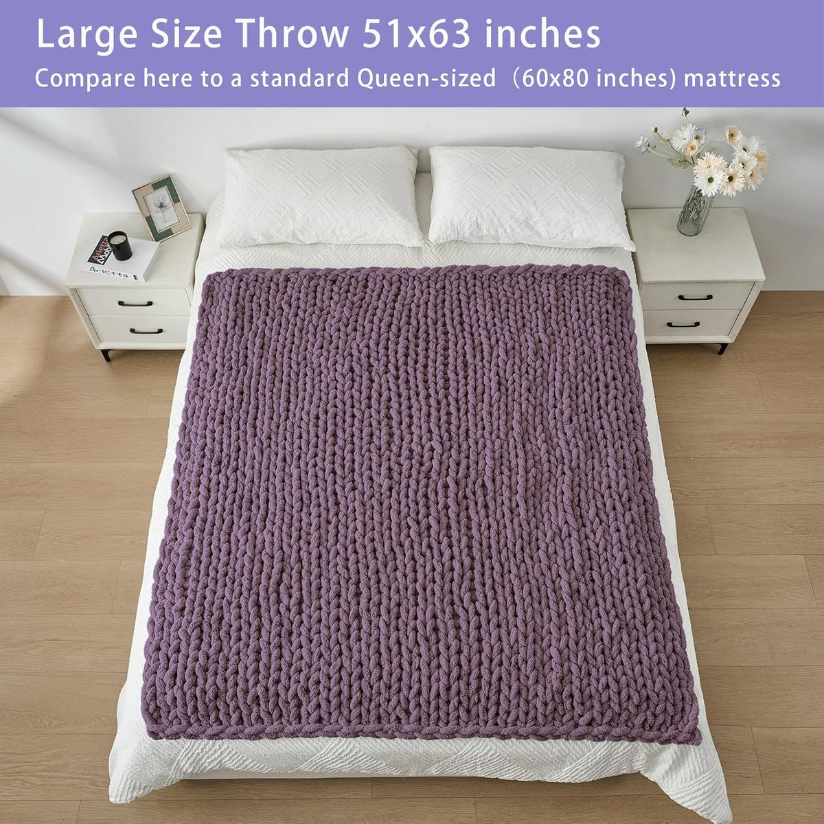 Bigacogo Chunky Knit Throw Blanket for Couch, 51x63 inches, 100% Hand Knitted with Thick Jumbo