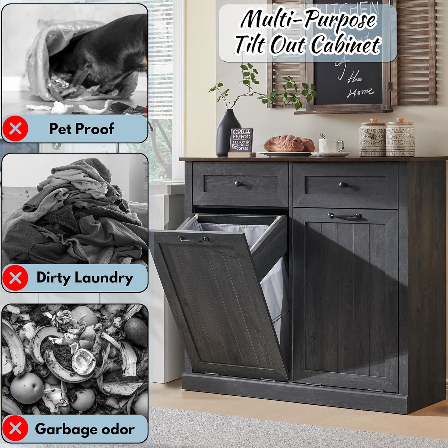 Double Tilt Out Laundry Hamper Cabinet, 20 Gallon Farmhouse Trash Can Cabinet with Drawer, Hidden
