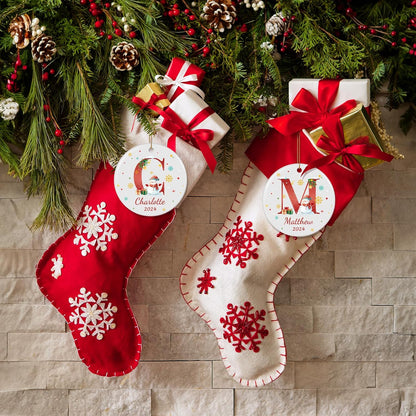 Name Ornaments for Christmas Tree, Custom Initial Monogram Snowman Ceramic Ornament for Kids Boys