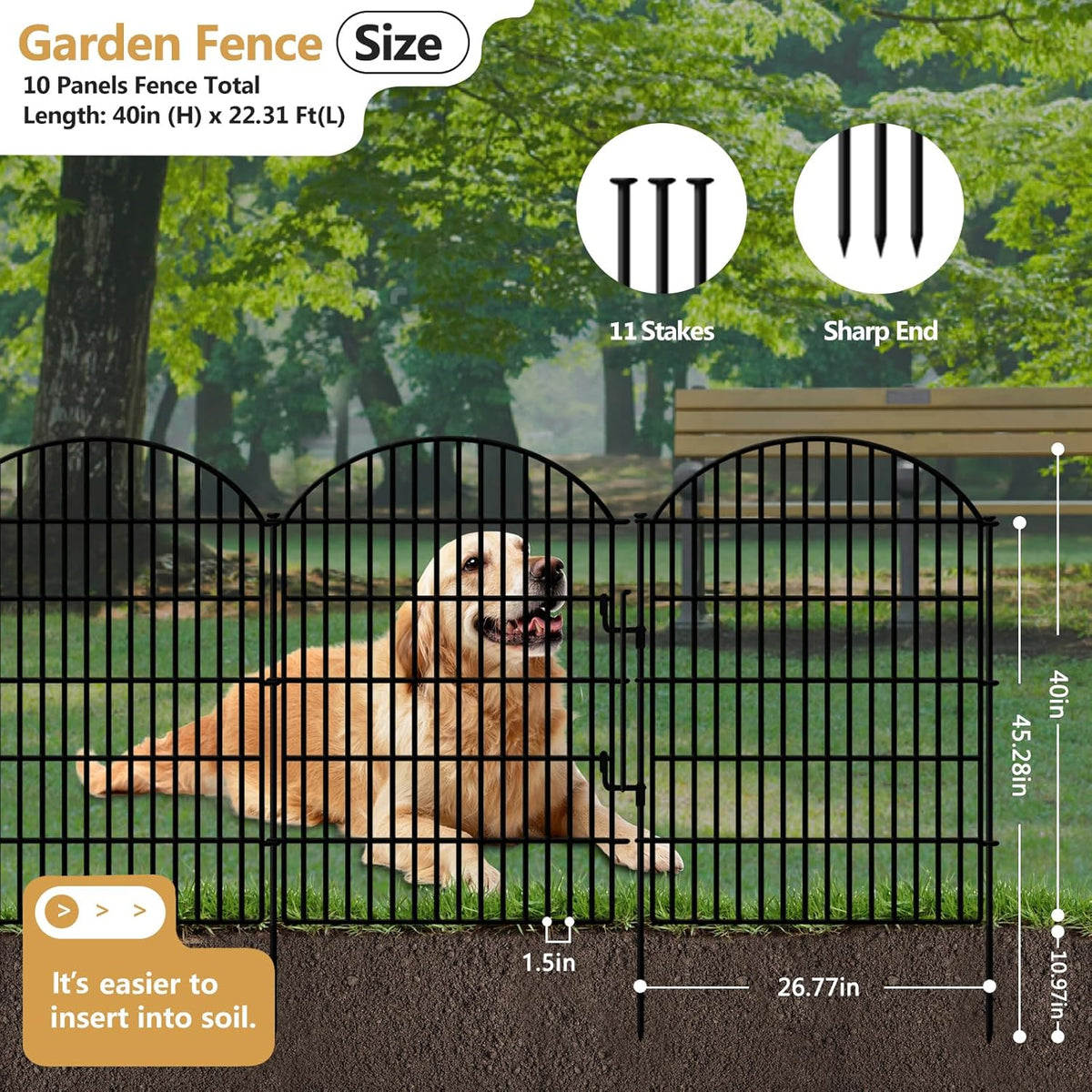 10 Panels Decorative Garden Fence with Lock, 40in (H) X 21.92ft (L) No Dig Dog Fences Outdoor for