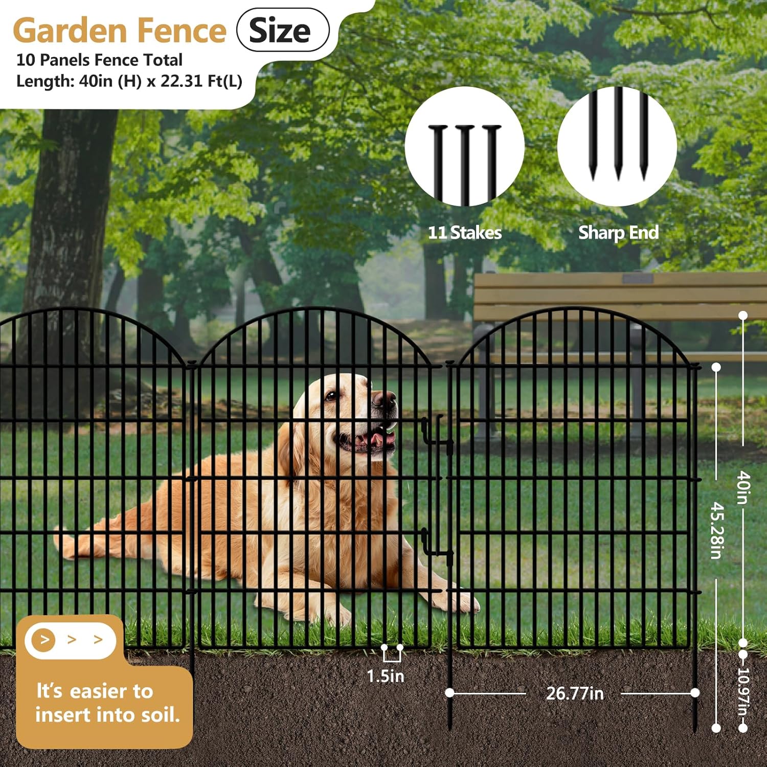 10 Panels Decorative Garden Fence with Lock, 40in (H) X 21.92ft (L) No Dig Dog Fences Outdoor for