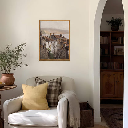 Floating Framed Vintage Canvas Wall Art, European Country Towns Wall Decor Oil Paintings Artwork
