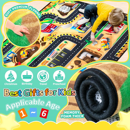 Kids 5x7 Ft Construction Site Play Rug, Baby Play Mat, Tufted Wool & Rubber, Non-Slip, Stain & Fade