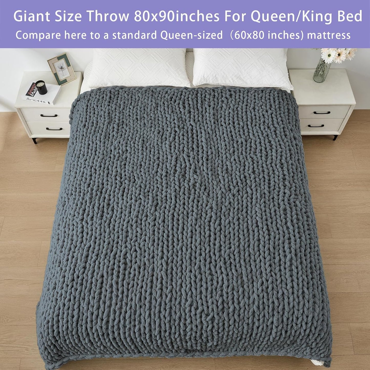 Bigacogo Chunky Knit Throw Blanket for Couch, 80x90 inches, 100% Hand Knitted with Thick Jumbo
