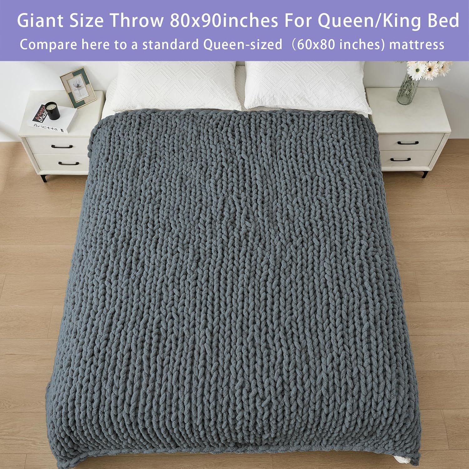 Bigacogo Chunky Knit Throw Blanket for Couch, 80x90 inches, 100% Hand Knitted with Thick Jumbo