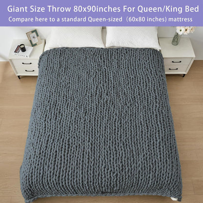 Bigacogo Chunky Knit Throw Blanket for Couch, 80x90 inches, 100% Hand Knitted with Thick Jumbo