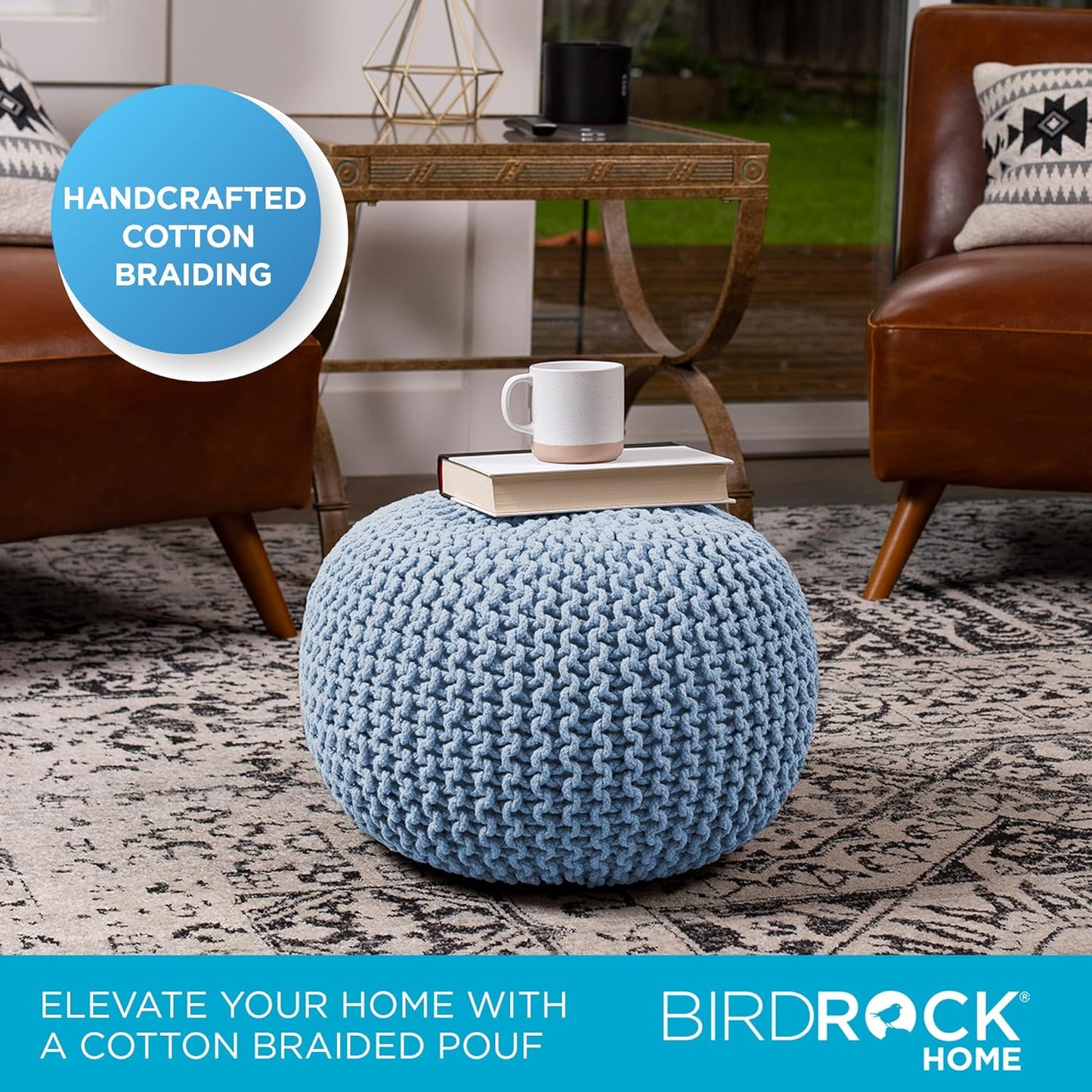 BIRDROCK HOME Round Pouf Ottoman | Cotton Braided Foot Stool with Bean Bag Filling | Boho Foot Rest