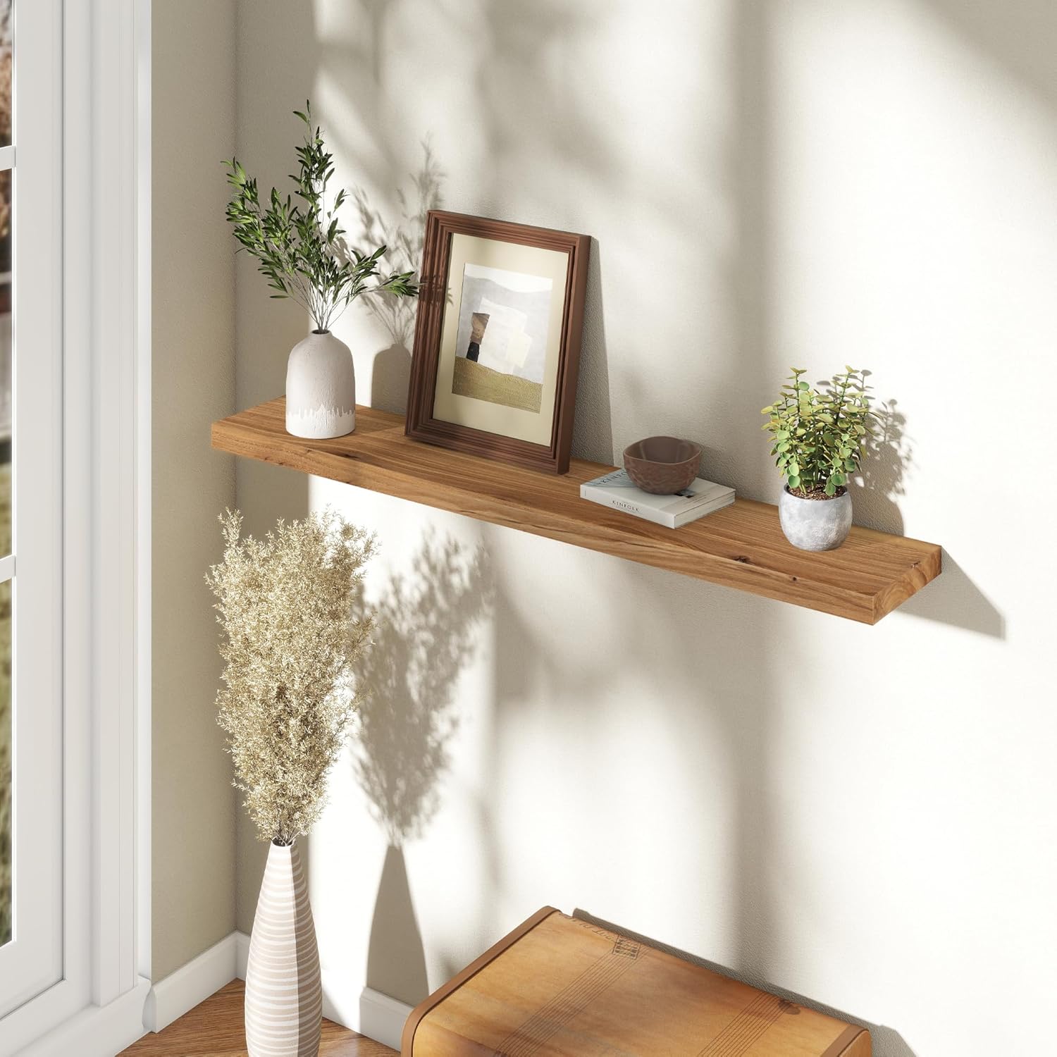 Fun Memories Rustic Elm Wood Floating Shelves for Wall, 48" Floating Shelf Wall Mounted, Long