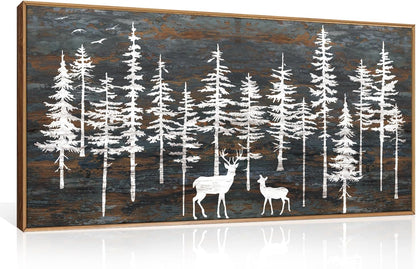Modern White Forest Framed Canvas Wall Art Set, Minimalist Woodland Art Painting, Retro Tree