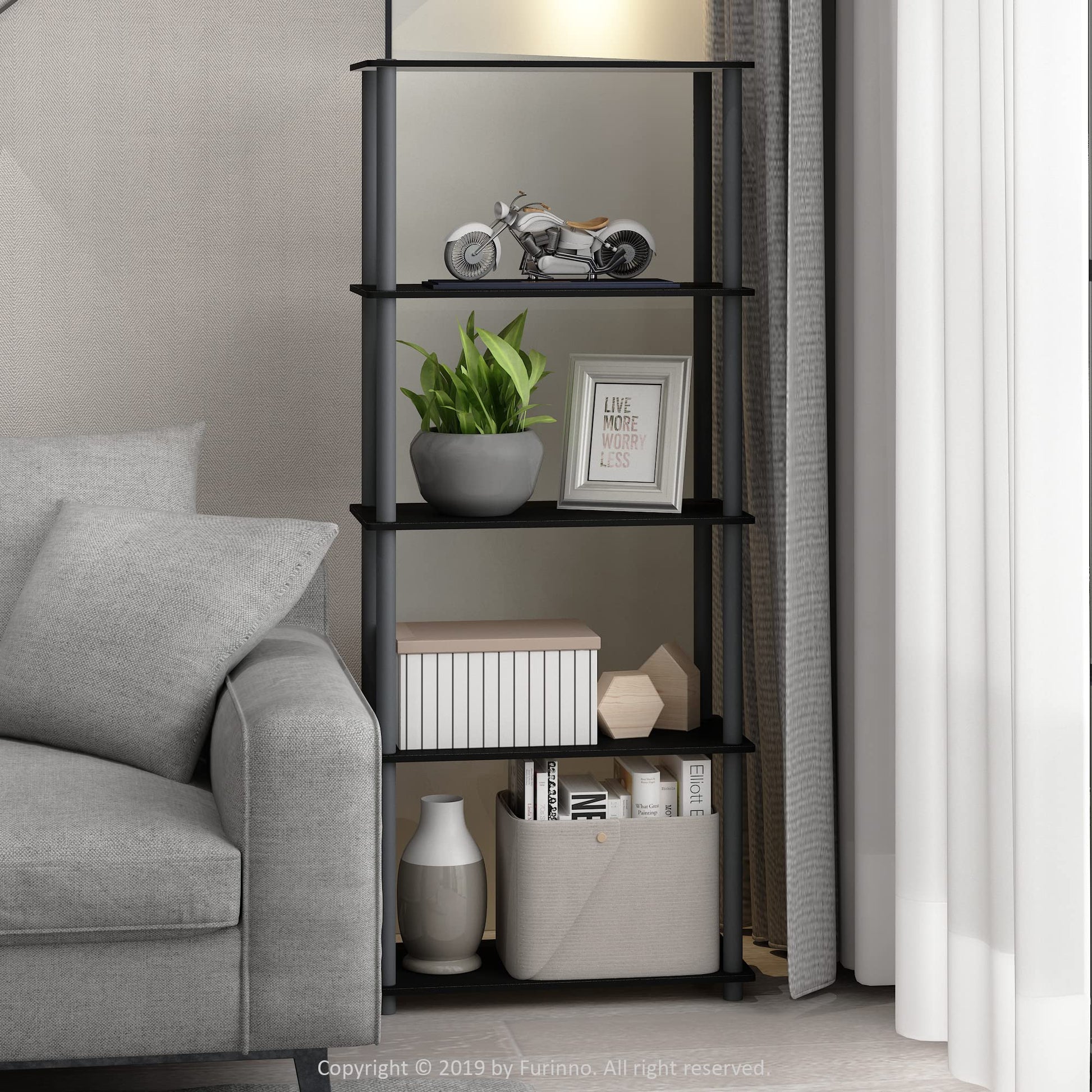 Furinno TURN-N-TUBE Storage Shelves, 5-Tier Book Shelf, Corner Shelf, Toolless Open Shelves, for