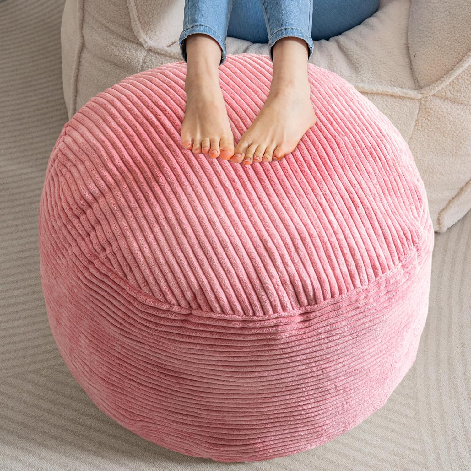 HIGOGOGO Round Stuffed Pouf Ottoman, Corduroy Poufs with Foam Chunk Filling, Furry and Fluffy Pouf