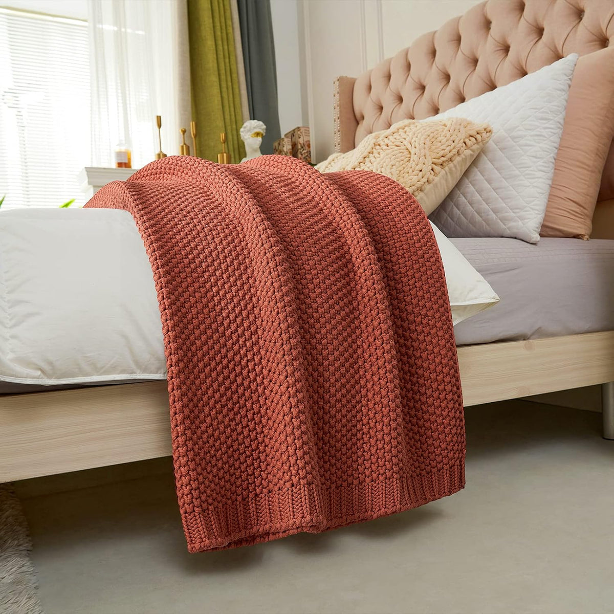 Longhui bedding Chunky Cable Knit Throw Blanket Lightweight Rust 100% Organic Cotton Blanket for