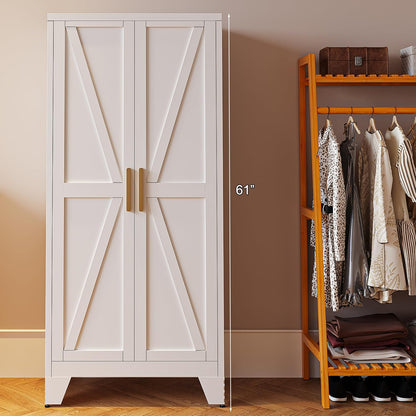 61" Tall Farmhouse Metal Pantry Cabinet, Kitchen Pantry Storage Cabinets with 2 Barn Door and