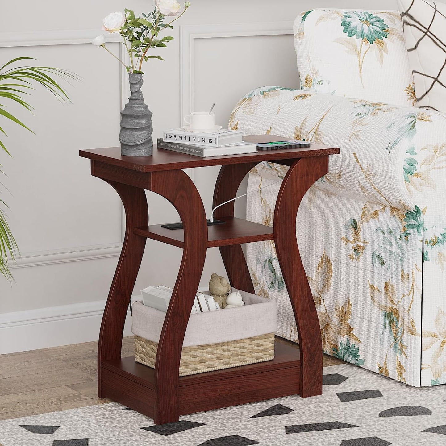 End Tables Living Room Set of 2,Cherry End Table with Charging Station,Side Table, Nightstand for