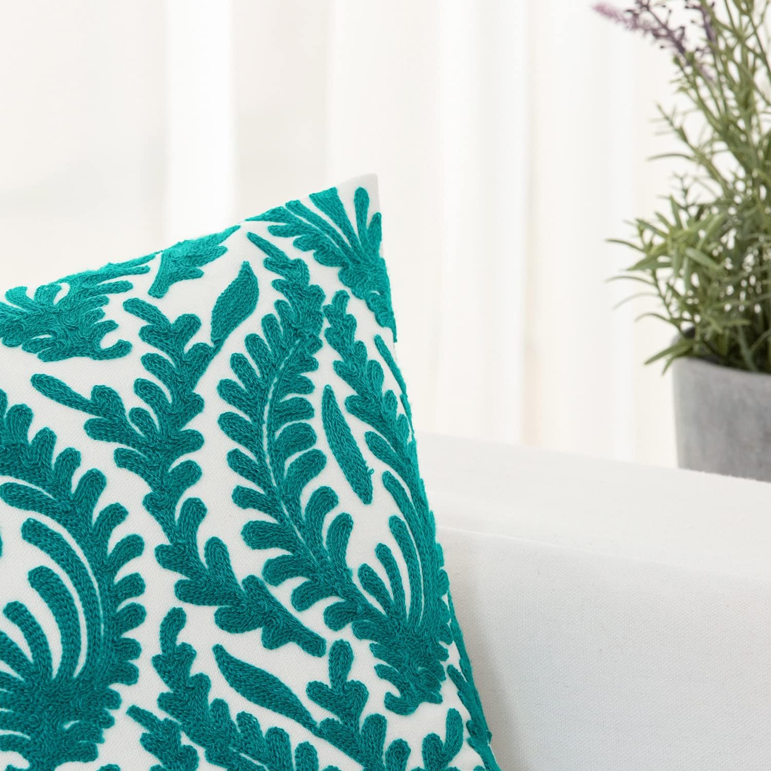 HWY 50 Teal Decorative Throw Pillow Covers 18x18 Inch (1 Piece), Embroidered Cotton Farmhouse