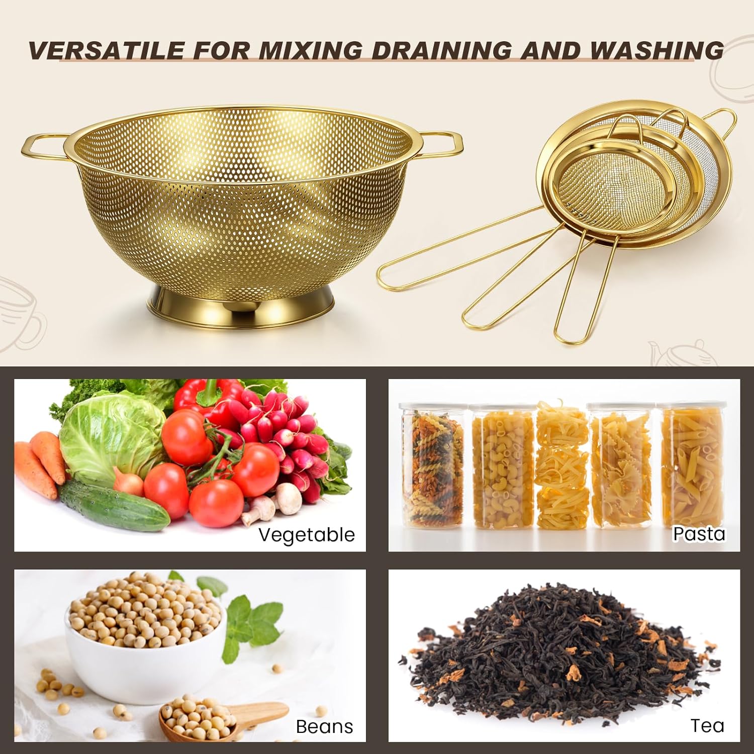 Norme 4 Quart Stainless Steel Gold Colander and 3 Pcs Gold Fine Mesh Strainer, Stainless Steel