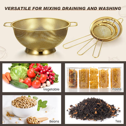Norme 4 Quart Stainless Steel Gold Colander and 3 Pcs Gold Fine Mesh Strainer, Stainless Steel