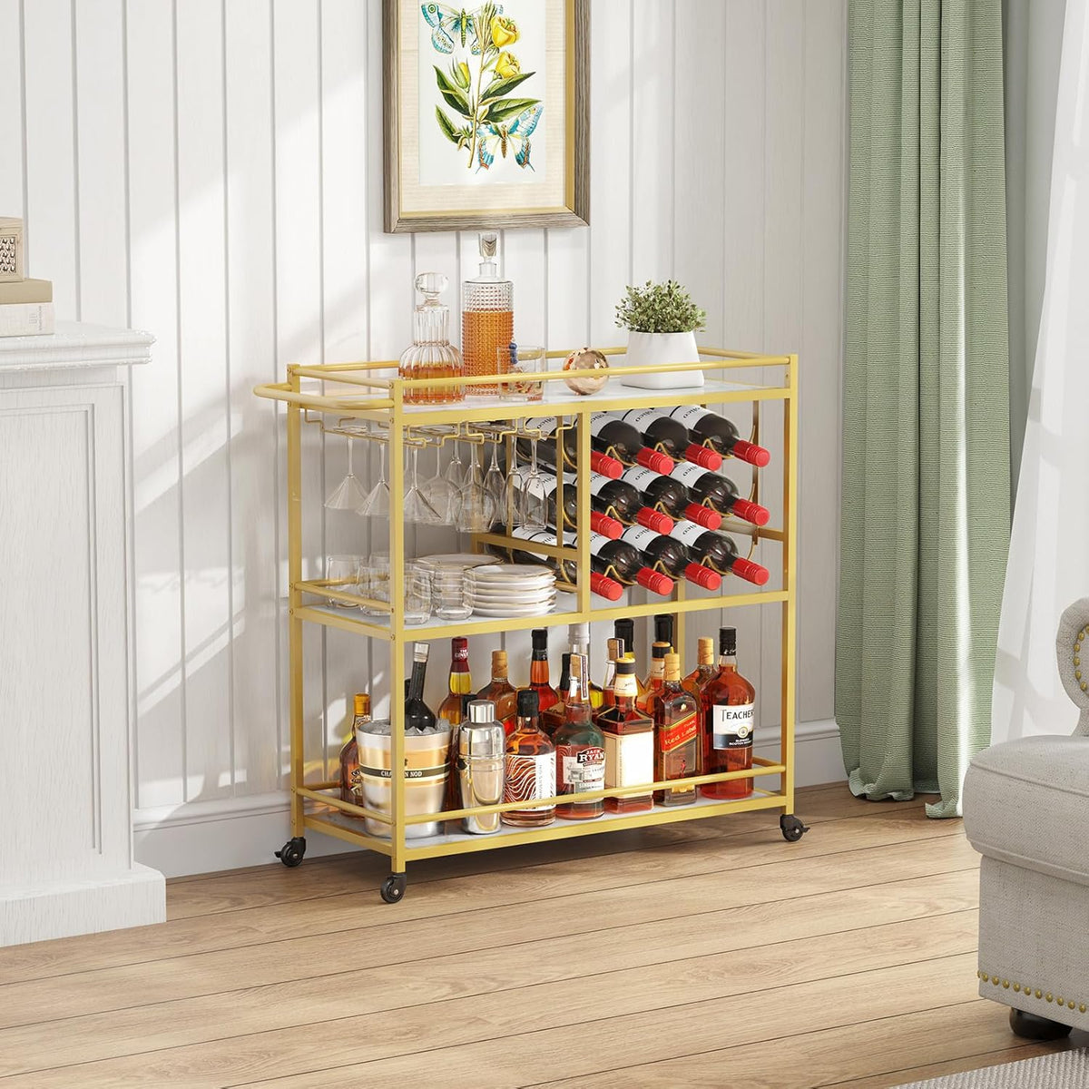 Lifewit Bar Cart for The Home, 3 Tier Drink Cart with Lockable Wheels, 12 Wine Rack and 3 Rows