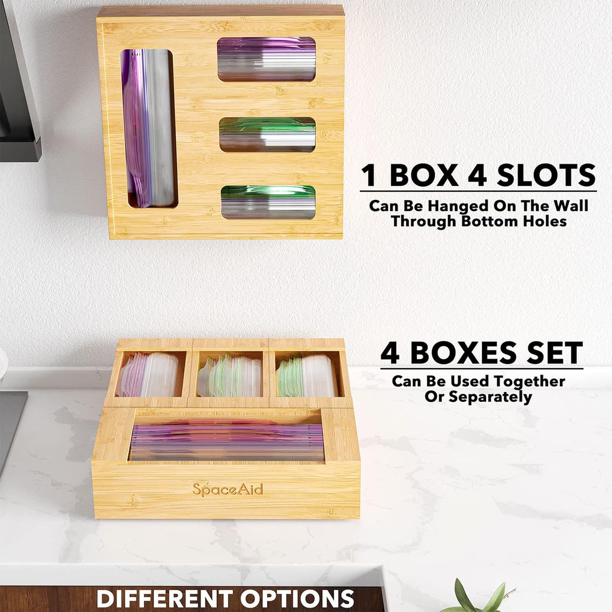 SpaceAid Bag Storage Organizer for Kitchen Drawer, Bamboo Organizer, Compatible with Gallon, Quart